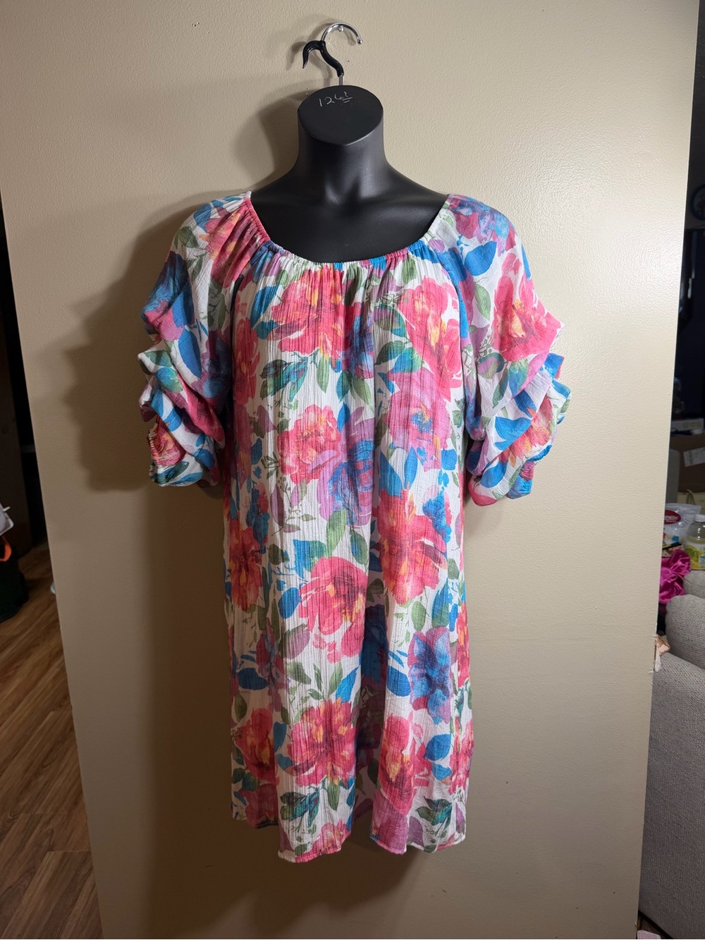 Indigo Rose Floral Ruffle Sleeve Tunic Dress XL Boho Cottagecore